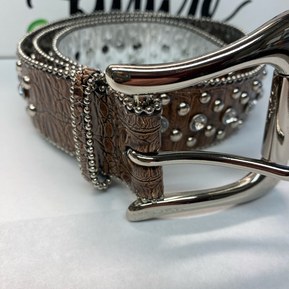 GUESS Western Unisex Stud & Rhinestone Embellished Belt Faux Leather, BROWN, Med - Picture 11 of 11